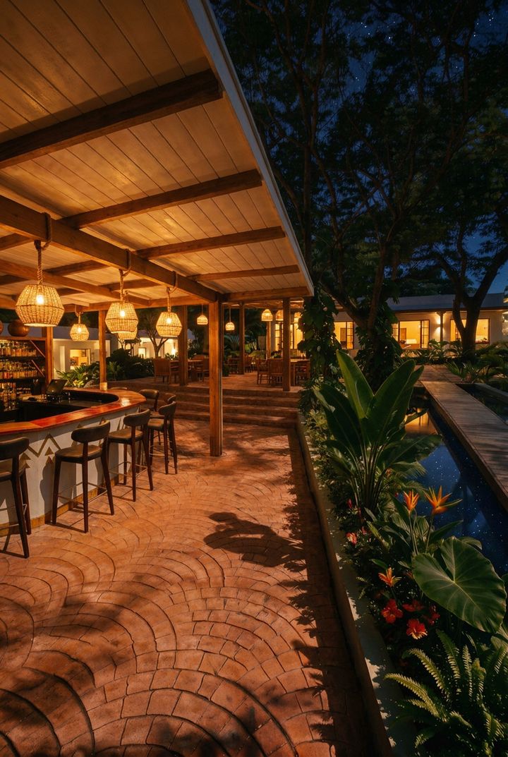 The Bab, the island bar at Bonela Springs, lit warmly after dark and reflected in the surrounding water.