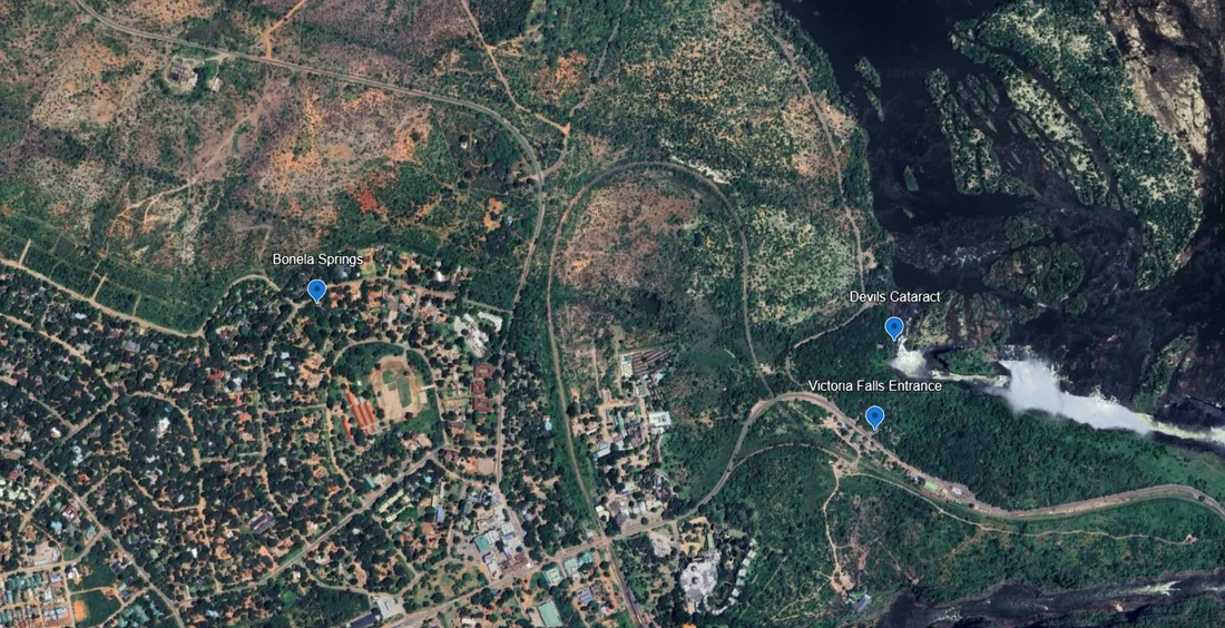 Map showing Bonela Springs on the edge of Victoria Falls town, two kilometres from the rainforest entrance.