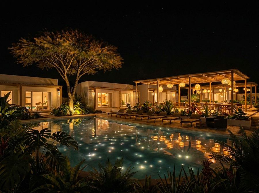 The star-lit pool at Bonela Springs after dark.
