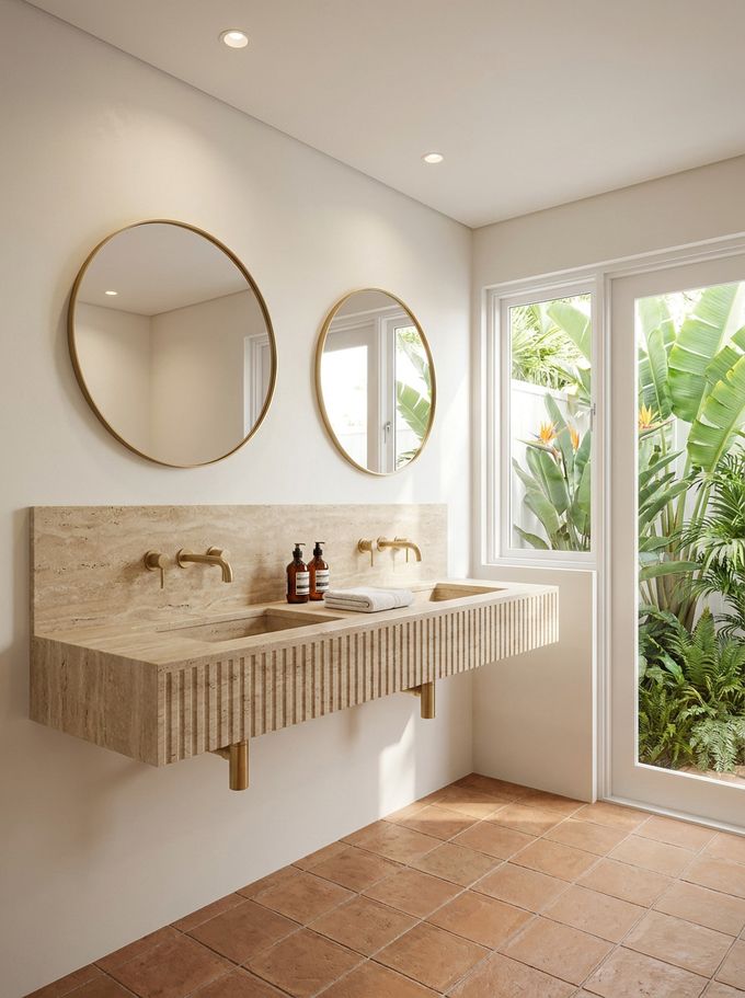 A double vanity in honed travertine with brushed brass fittings and garden light.